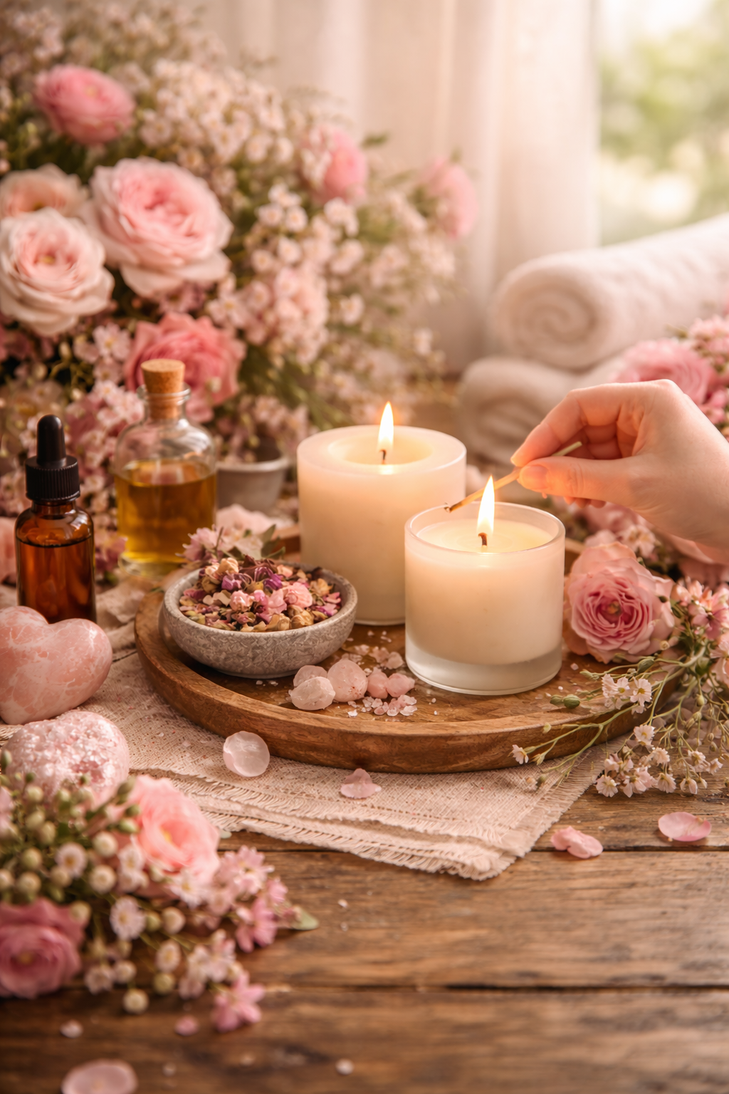 Duftkerzen mit Blumen für eine blumige, stimmungshebende Atmosphäre.