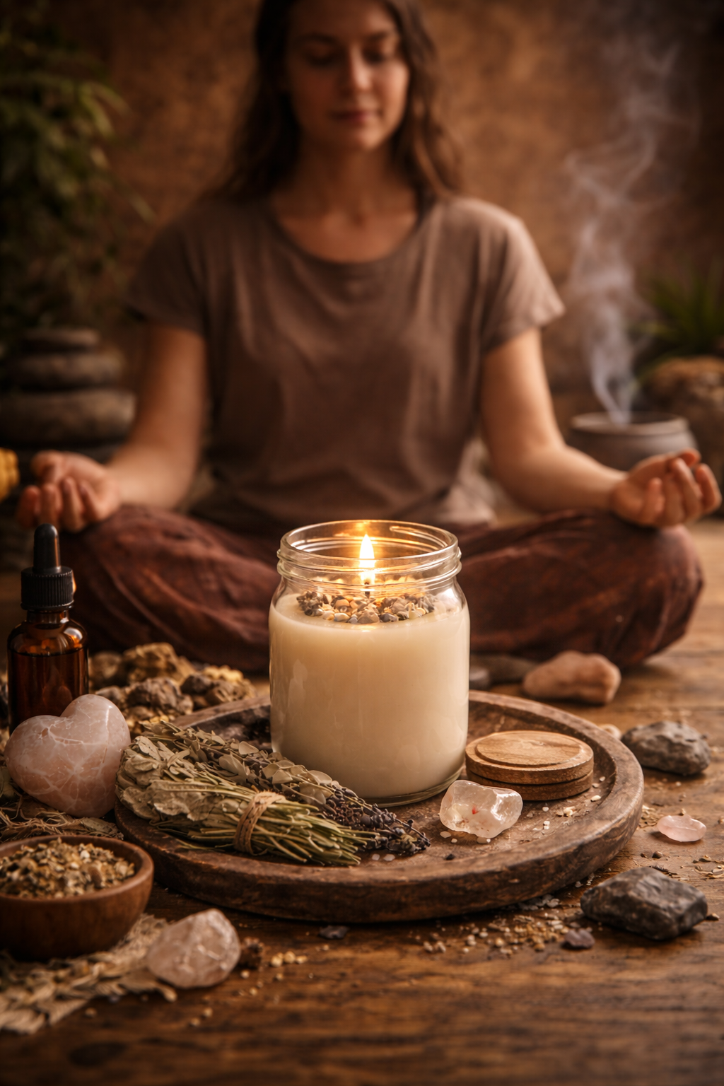 Dieses Bild zeigt eine Person, die in meditativer Haltung am Wasser sitzt, umgeben von zahlreichen brennenden Kerzen. Die Szene strahlt Ruhe, Achtsamkeit und spirituelle Harmonie aus.