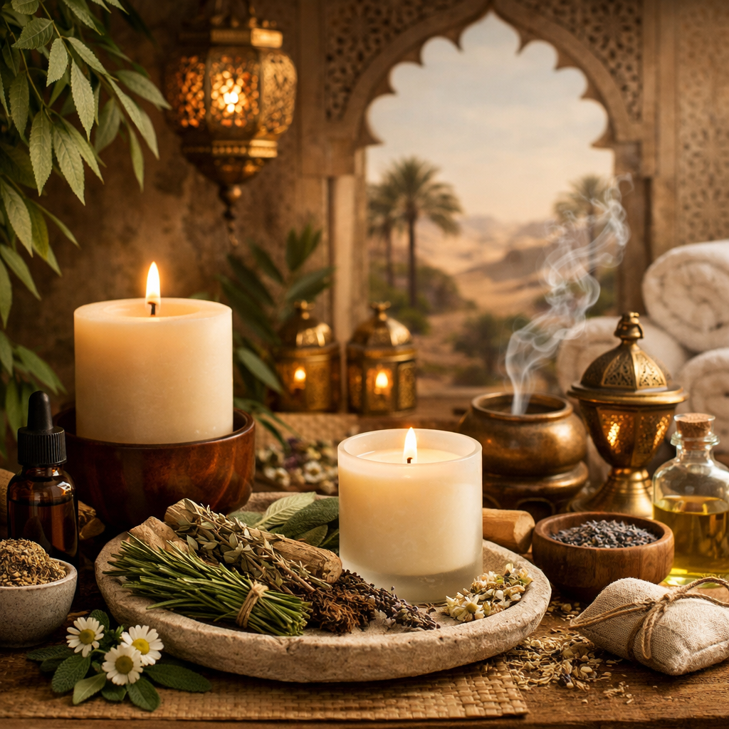 Entspannende Kräuter, Kerzen und Wellness-Accessoires bei Kerzenschein.