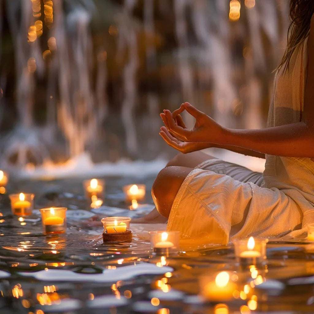 Dieses Bild zeigt eine Person, die in meditativer Haltung am Wasser sitzt, umgeben von zahlreichen brennenden Kerzen. Die Szene strahlt Ruhe, Achtsamkeit und spirituelle Harmonie aus.
