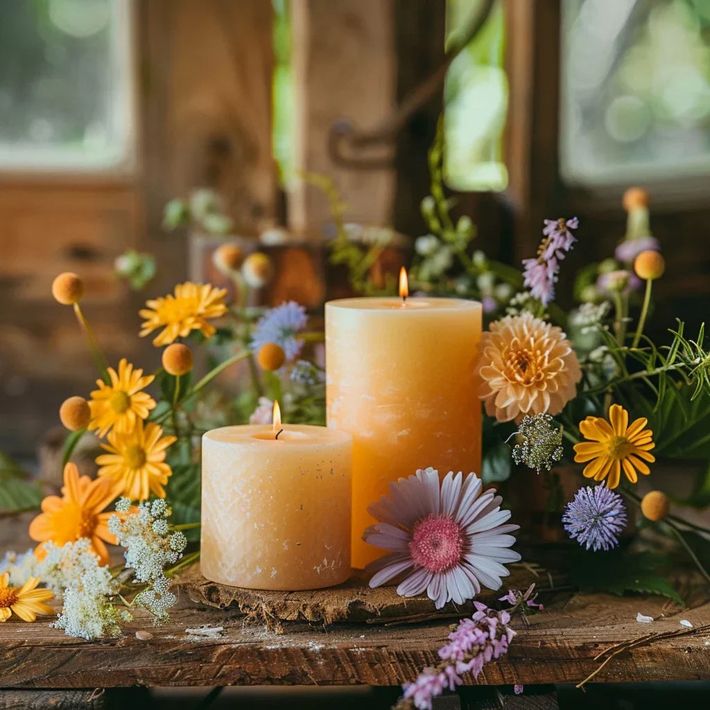 Duftkerzen mit Blumen für eine blumige, stimmungshebende Atmosphäre.