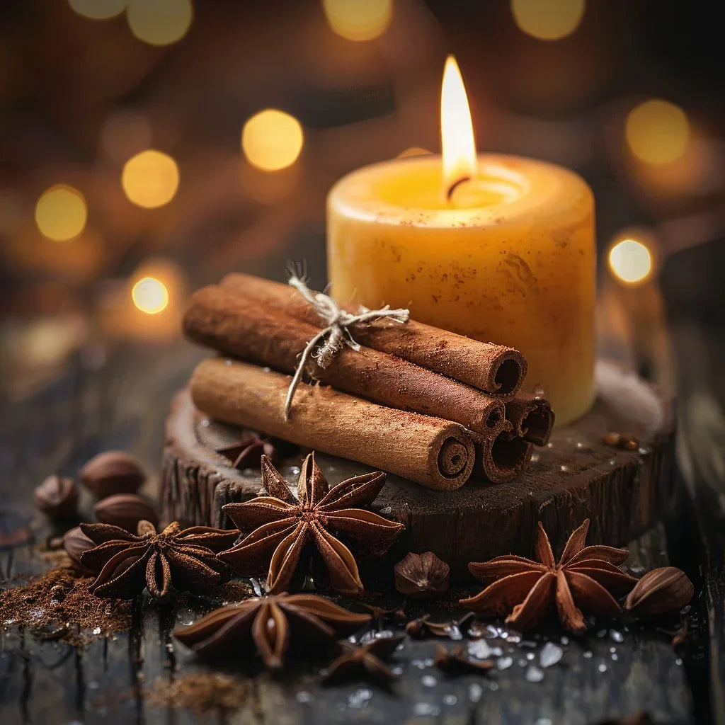 Duftende Zimtstangen und Sternanis mit Kerze – würzig & wärmend.