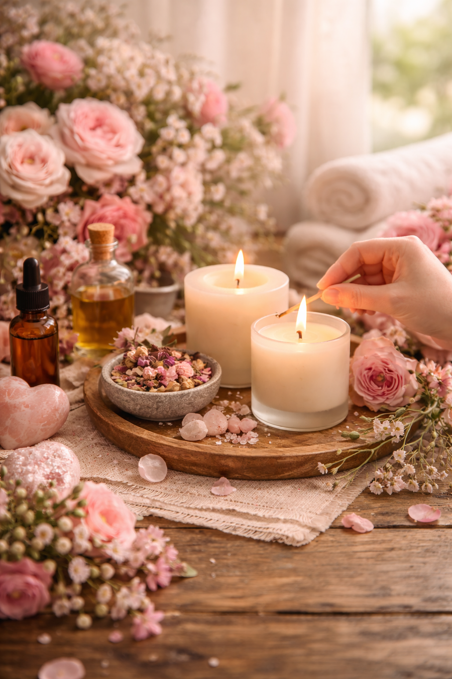 Duftkerzen mit Blumen für eine blumige, stimmungshebende Atmosphäre.