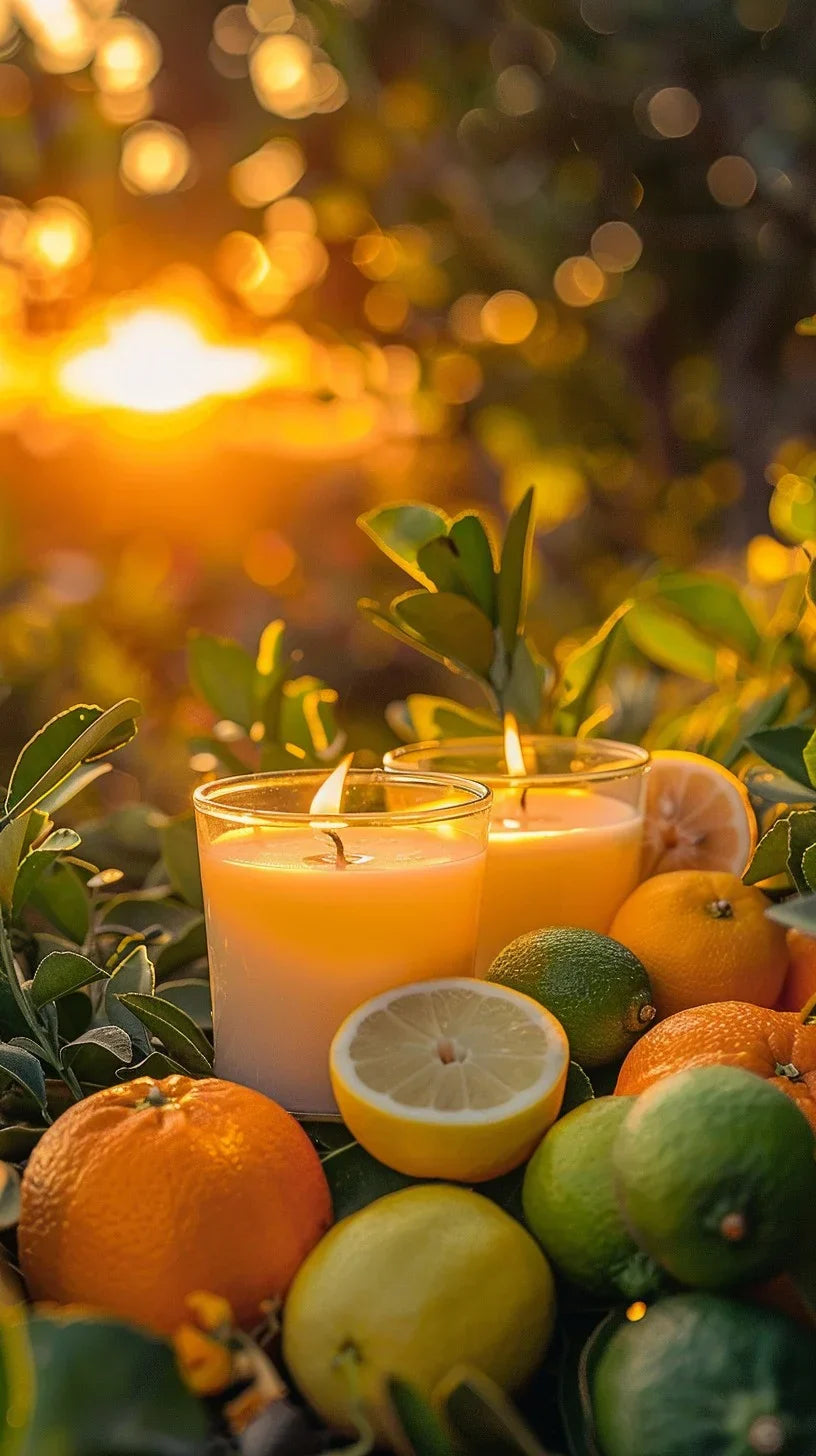 Alt-Text: Duftende Kerzen mit Zitrusfrüchten im Sonnenuntergang.