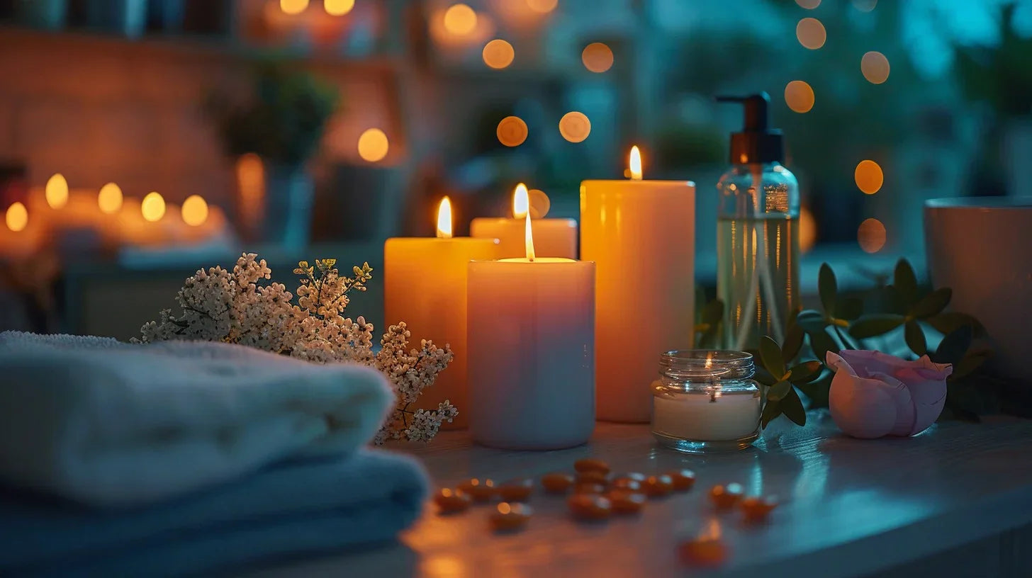 Entspannende Kräuter, Kerzen und Wellness-Accessoires bei Kerzenschein.