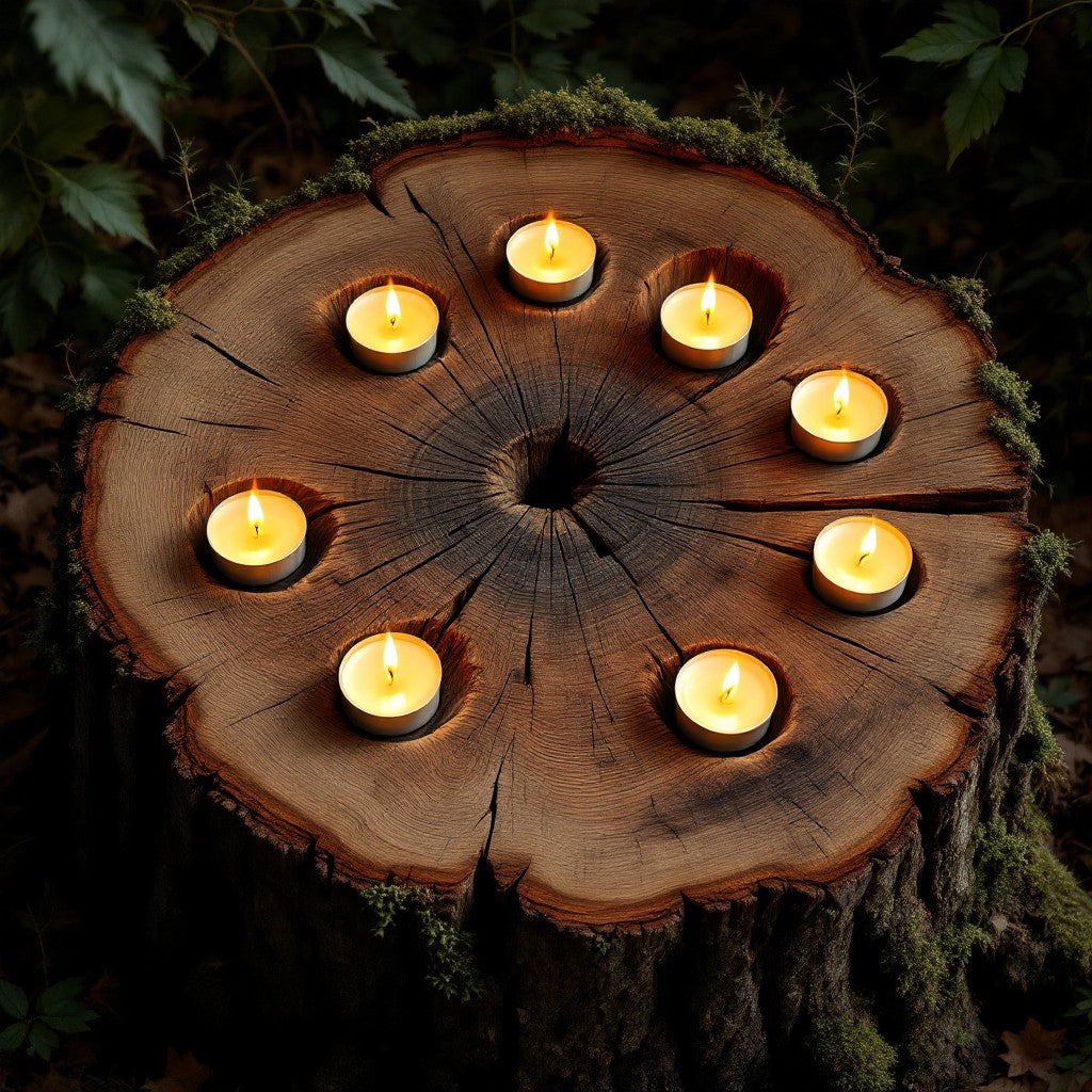 Rustikaler Baumstumpf mit brennenden Teelichtern im Wald.