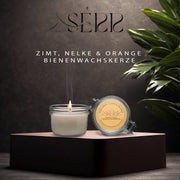 SerrBeauty Zimt, Nelke & Orange Bienenwachs Duftkerze 125 g in einem stilvollen Glasbehälter mit Deckel. Handgefertigt aus biologischem Bienenwachs für eine gemütliche Atmosphäre.