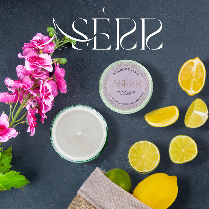 SerrBeauty Geranie & Zitrone Bienenwachs Duftkerze 125 g – handgefertigte Bio-Kerze mit ätherischen Ölen. Erfrischender, blumig-zitrischer Duft für Entspannung und Wohlbefinden.