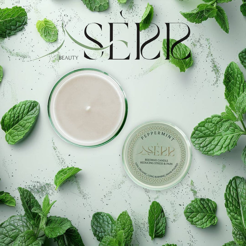 SerrBeauty Pfefferminz Bienenwachs Duftkerze 125 g, handgefertigt aus biologischem Bienenwachs mit erfrischendem Pfefferminzöl. Ideal für Entspannung und mentale Klarheit.