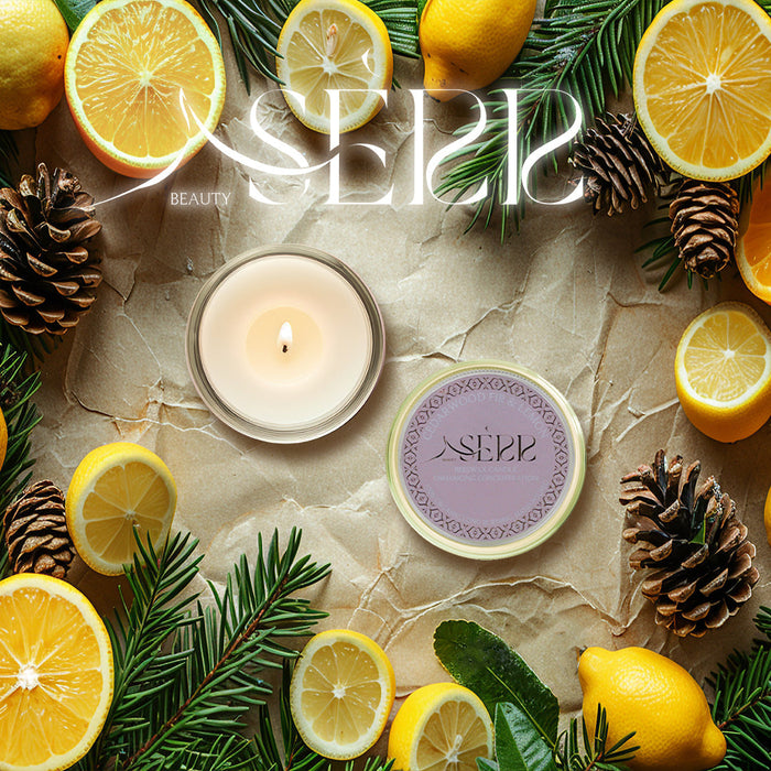 SerrBeauty Bienenwachskerze mit Zedernholz, Tanne und Zitrone, 125 g. Handgefertigte Bio-Kerze mit erfrischendem, holzig-zitrischem Aroma.
